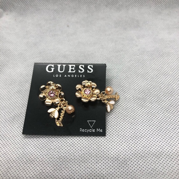 Guess‎ gold tone flower bud pink tourmaline gemstone look dangle charm earrings - Picture 16 of 16